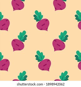 beet root flat design seamless pattern. Seamless pattern with leaves and vegetable Beet root. Vector illustration of art. Vintage background. Kitchen and restaurant design for fabrics, paper