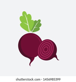 beet root, two full and half beet roots, red beet with green leaves vector illustration