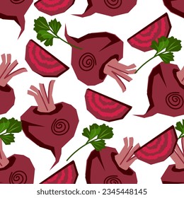 Patrón de remolacha sin soldadura para utensilios de cocina y embalaje de verduras, textiles de cocina. Diseño de patrones de remolacha repetible y sin fisuras, ilustración vectorial de mano plana.