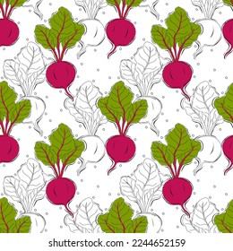 Beet seamless pattern. Nourishment and healthy eating, beetroot with leaves. Design for useful plant-based menu of vegan or vegetarian. Dieting or detox. Vector illustration
