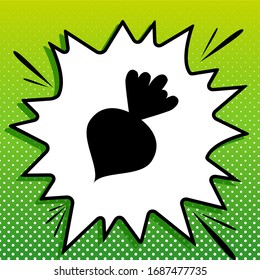 Beet simple sign. Black Icon on white popart Splash at green background with white spots. Illustration.