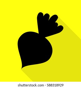 Beet simple sign. Black icon with flat style shadow path on yellow background.