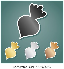 Beet simple sign. Set of metallic Icons with gray, gold, silver and bronze gradient with white contour and shadow at viridan background. Illustration.