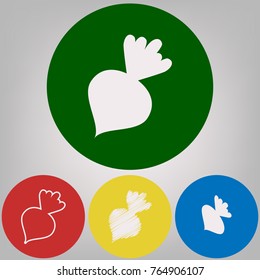 Beet simple sign. Vector. 4 white styles of icon at 4 colored circles on light gray background.