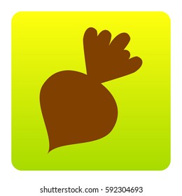 Beet simple sign. Vector. Brown icon at green-yellow gradient square with rounded corners on white background. Isolated.