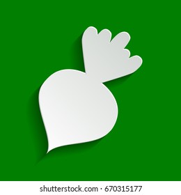 Beet simple sign. Vector. Paper whitish icon with soft shadow on green background.