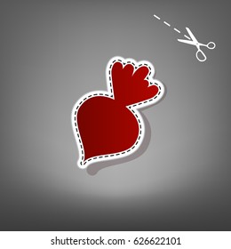 Beet simple sign. Vector. Red icon with for applique from paper with shadow on gray background with scissors.