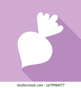 Beet simple sign. White Icon with long shadow at purple background. Illustration.