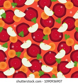 Beet slices, cut round carrot and pieces of apple, parsley seamless pattern of ingredients of detox diet components vector illustration vegetarian food