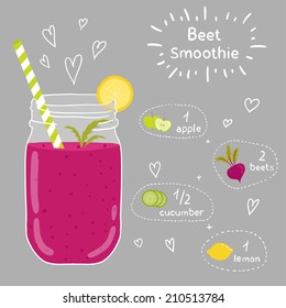 Beet smoothie recipe. With illustration of ingredients. Doodle style