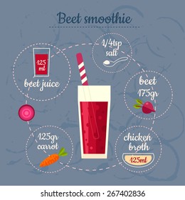 Beet smoothie recipe. Menu element for cafe or restaurant with energetic fresh drink. Fresh juice for healthy life.