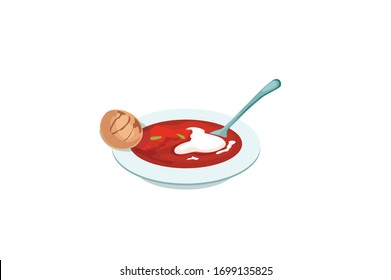 Beet soup in ceramic plate with becon, bread and sour cream on wooden board. Borch, traditional Ukrainian food vector illustration