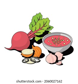 Beet soup onion garlic. Vector 3d sketch line isometric style, color icon illustration. Creative design idea and infographics elements.
