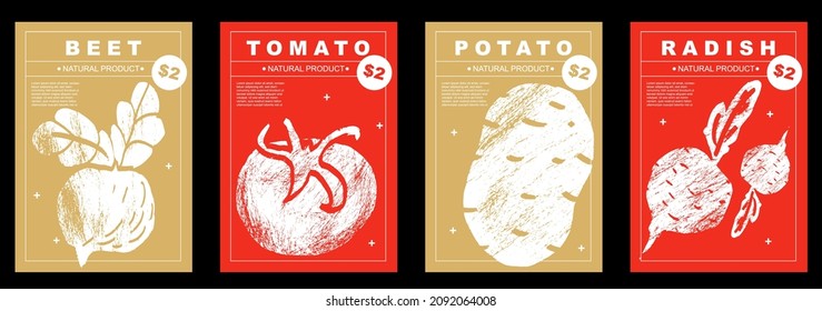 Beet, tomato, potato, radish. Set of posters of vegetables in a abstract draw design. Label or poster, price tag. Simple, flat design. Patterns and backgrounds. Perfect for poster, cover, banner.