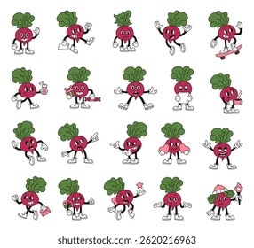 Beet vegetable cartoon characters with emotions gestures actions outfits objects and seasonal romantic elements in groovy retro outline style