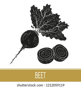 Beet. Vegetable. Root, fruit, leaves. Black silhouette on bedlam background. Set.