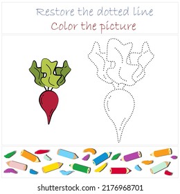 Beet. Vegetables. Educational developing game for preschoolers "Trace and color". Vector illustration for children, eps