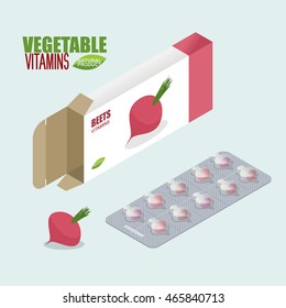 Beet vitamins. Vegetarian pills. Tablets in pack. Natural products for health inform of fresh beets. Medicament vegetable. Medical drugs.