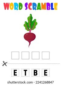 Beet Word scramble . Educational game for kids. English language spelling worksheet for preschool children