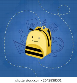 Bee-Themed School Backpack for Kids on Graph Paper Background – with School Supplies – Back to School Illustration
