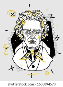 Beethoven bust sculpture. Vector illustration hand drawn. Creative geometric yellow style.
