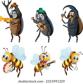Beetle and Bee Cartoon Characters illustration