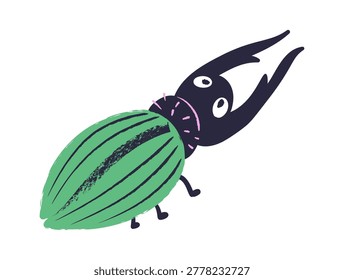 Beetle with big mandible, oval shell, tiny legs, and rough texture in hand drawn style. Symbol of nature, childhood, curiosity, and entomology fun for kids and education. Cartoon vector illustration.