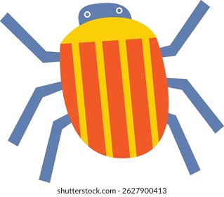 O besouro possui um corpo laranja segmentado e amarelo com pernas azuis.  Esta pequena criatura é retratada em um estilo minimalista, mostrando formas arrojadas e linhas fortes. Ilustração de vetor de desenhos animados