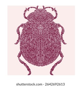 Besouro com padrão de recorte botânico, estilo linocut, impressão detalhada, motivos naturais