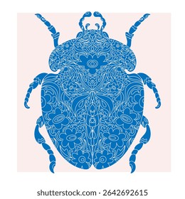 Besouro com padrão de recorte botânico, estilo linocut, impressão detalhada, motivos naturais