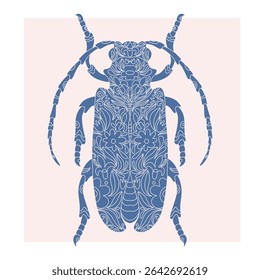 Besouro com padrão de recorte botânico, estilo linocut, impressão detalhada, motivos naturais