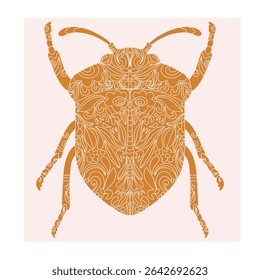 Besouro com padrão de recorte botânico, estilo linocut, impressão detalhada, motivos naturais