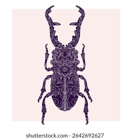 Besouro com padrão de recorte botânico, estilo linocut, impressão detalhada, motivos naturais