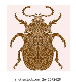 Besouro com padrão de recorte botânico, estilo linocut, impressão detalhada, motivos naturais
