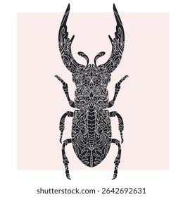Besouro com padrão de recorte botânico, estilo linocut, impressão detalhada, motivos naturais