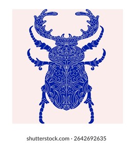 Besouro com padrão de recorte botânico, estilo linocut, impressão detalhada, motivos naturais