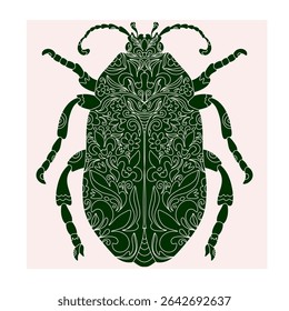 Besouro com padrão de recorte botânico, estilo linocut, impressão detalhada, motivos naturais