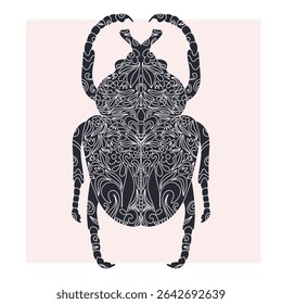 Besouro com padrão de recorte botânico, estilo linocut, impressão detalhada, motivos naturais