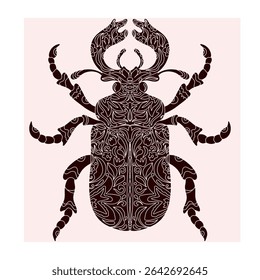 Besouro com padrão de recorte botânico, estilo linocut, impressão detalhada, motivos naturais