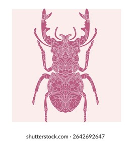Besouro com padrão de recorte botânico, estilo linocut, impressão detalhada, motivos naturais