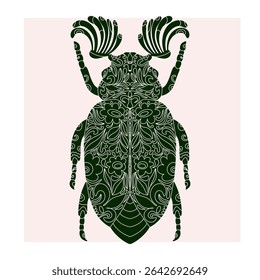 Besouro com padrão de recorte botânico, estilo linocut, impressão detalhada, motivos naturais