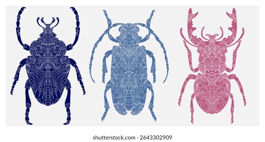 Beetle with botanical cut-out pattern, linocut style, detailed print, natural motifs. 
set