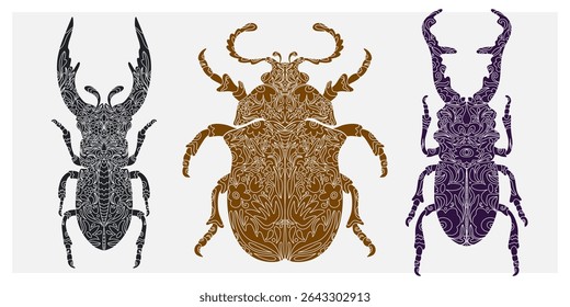 Beetle with botanical cut-out pattern, linocut style, detailed print, natural motifs. 
set