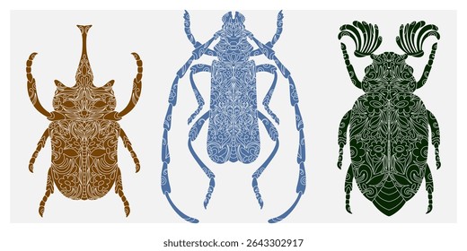 Besouro com padrão de recorte botânico, estilo linocut, impressão detalhada, motivos naturais. 
conjunto