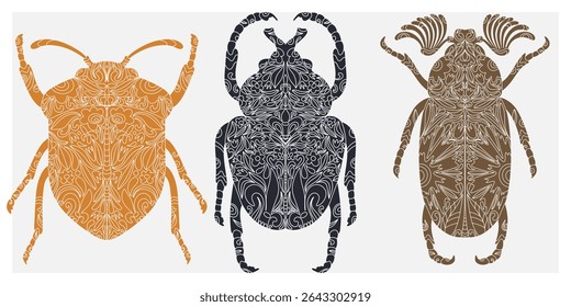 Beetle with botanical cut-out pattern, linocut style, detailed print, natural motifs. 
set