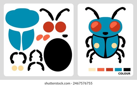 Beetle bug pattern for kids crafts for paper crafts. Vector illustration of beetle puzzle. cut and glue patterns for children's crafts.