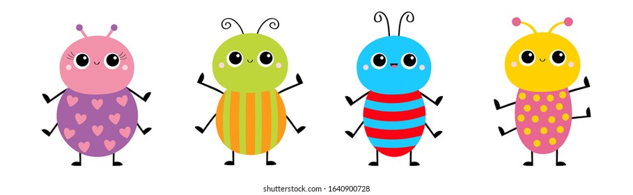 Beetle bug set line. Insect animal collection. Cute cartoon kawaii smiling baby character. Education cards for kids. Isolated. White background. Flat design. Vector illustration