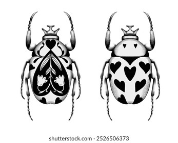 Diseño del tatuaje del insecto del escarabajo. Dibujo a mano grabado vintage.