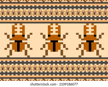 Beetle cartoon character seamless pattern on brown background.Pixel style