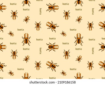 Beetle cartoon character seamless pattern on brown background.Pixel style
